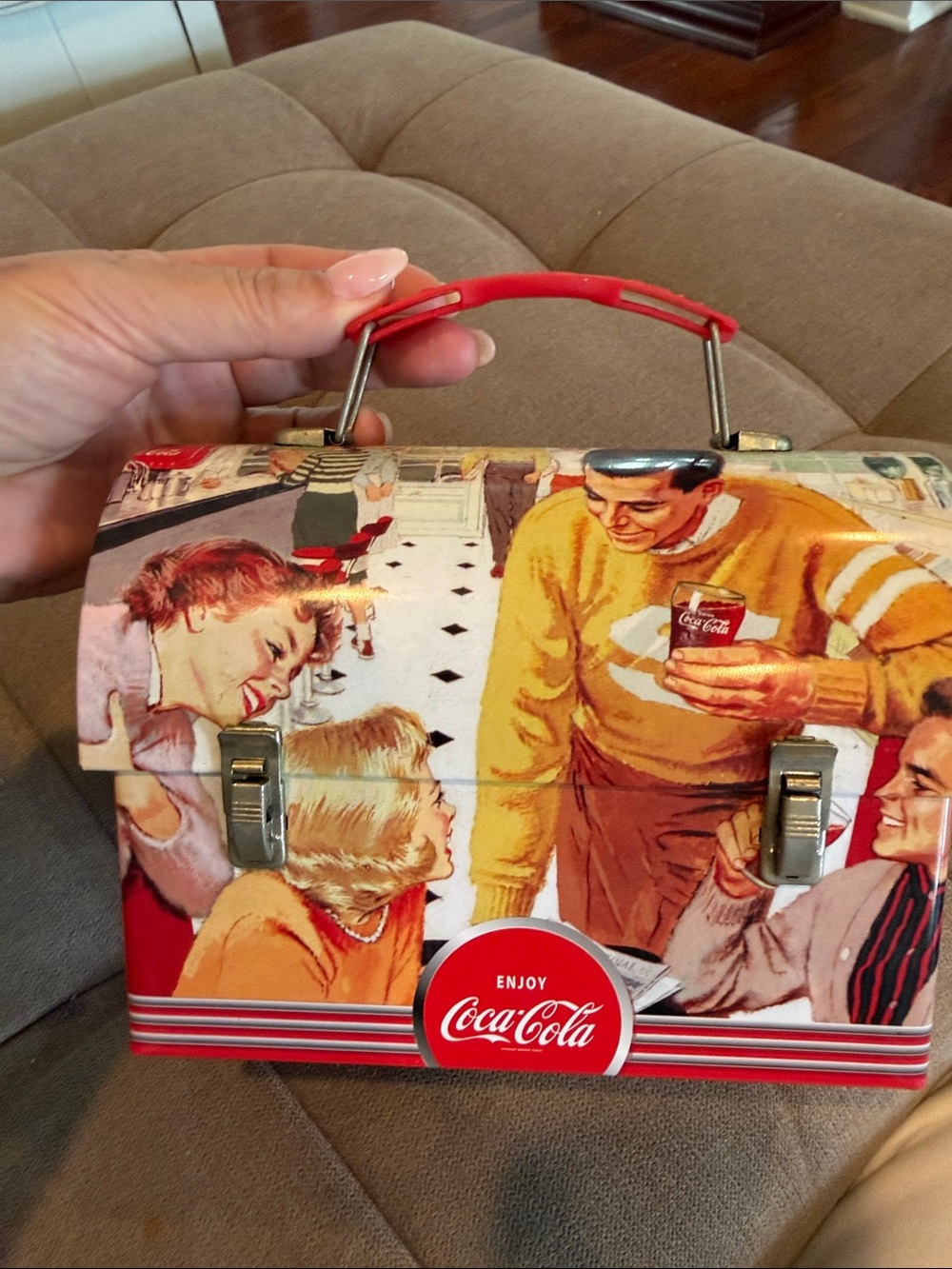 Coca-Cola Retro Picnic Metal Tin with Red Handle and Yellow Accents